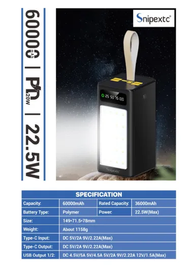 60000mAh 22.5W Portable Super Fast Charging Power Bank PD 22.5W With 4 USB, Type-C, Micro, Lightning Ports, Digital Display &amp; Camping Light PB60C