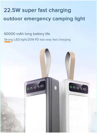 60000mAh 22.5W Portable Super Fast Charging Power Bank PD 22.5W With 4 USB, Type-C, Micro, Lightning Ports, Digital Display &amp; Camping Light PB60C