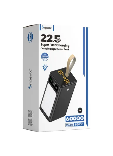 60000mAh 22.5W Portable Super Fast Charging Power Bank PD 22.5W With 4 USB, Type-C, Micro, Lightning Ports, Digital Display &amp; Camping Light PB60C