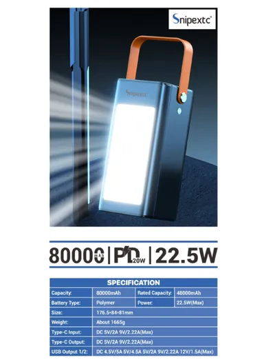 80000mAh 22.5W Portable Super Fast Charging Power Bank PD 22.5W With 4 USB, Type-C, Micro, Lightning Ports, Digital Display &amp; Camping Light PB80C