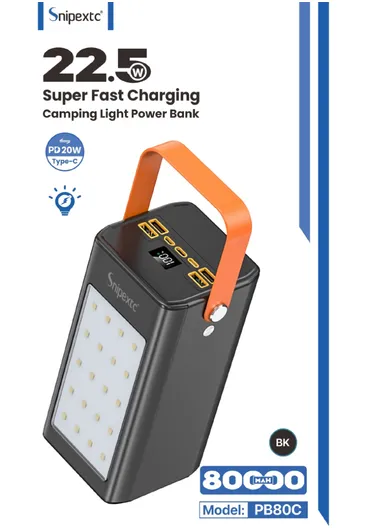80000mAh 22.5W Portable Super Fast Charging Power Bank PD 22.5W With 4 USB, Type-C, Micro, Lightning Ports, Digital Display &amp; Camping Light PB80C