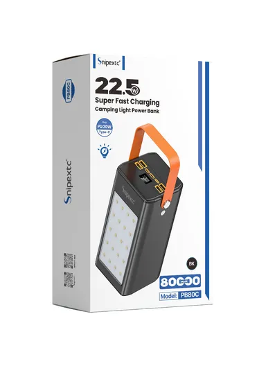 80000mAh 22.5W Portable Super Fast Charging Power Bank PD 22.5W With 4 USB, Type-C, Micro, Lightning Ports, Digital Display &amp; Camping Light PB80C