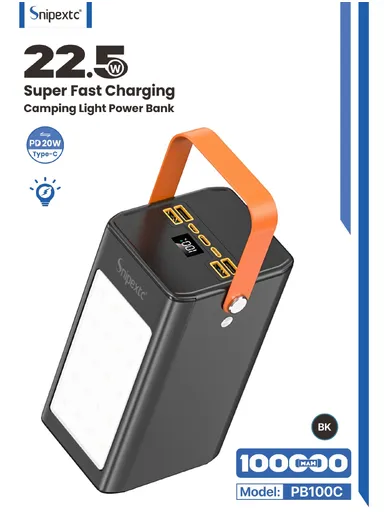 100000mAh 22.5W Portable Super Fast Charging Power Bank PD 22.5W With 4 USB, Type-C, Micro, Lightning Ports, Digital Display &amp; Camping Light PB100C