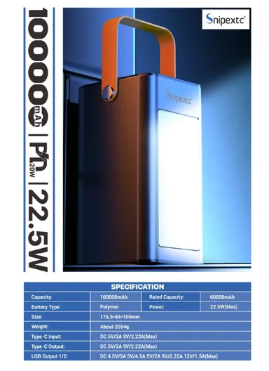 100000mAh 22.5W Portable Super Fast Charging Power Bank PD 22.5W With 4 USB, Type-C, Micro, Lightning Ports, Digital Display &amp; Camping Light PB100C