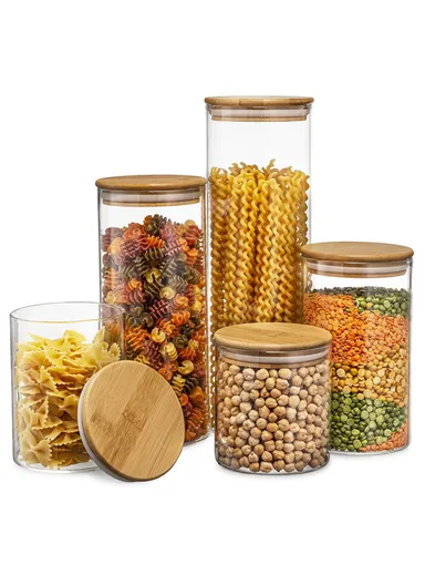 5Pcs 0.7L/0.8L/1L/1.4L/1.7L Glass Storage Container With Bamboo Lid For Food Storage, Sugar &amp; Tea