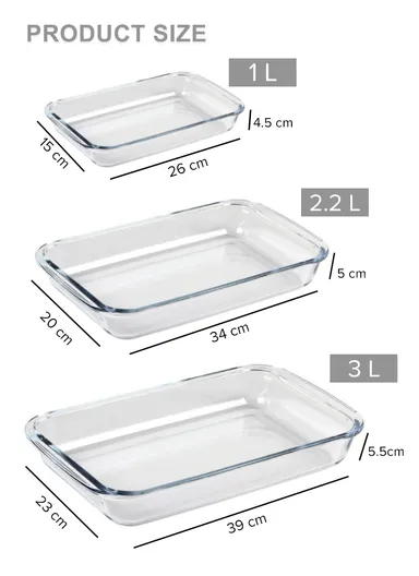 1/2.2/3L 3 Pcs Rectangular Baking Dish Oven-Safe &amp; Easy to Handle KPC-04