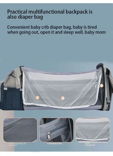 Multifunctional Casual Waterproof Polyester Baby Diaper Backpack With Built-In Bassinet SLF-02 (W30 x D20 x H40)cm - Dark Blue