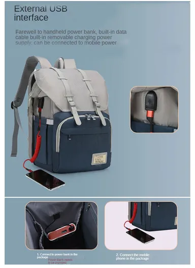 Multifunctional Casual Waterproof Polyester Baby Diaper Backpack With Built-In Bassinet SLF-02 (W30 x D20 x H40)cm - Dark Blue