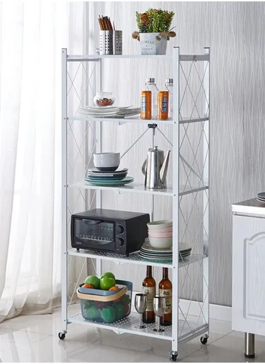 5-Tier Heavy Duty Foldable Storage Shelves With Wheels for Garage Kitchen, Basement &amp; Pantry (W72 x D36 x H163)cm - White