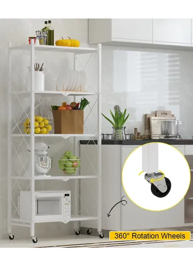 5-Tier Heavy Duty Foldable Storage Shelves With Wheels for Garage Kitchen, Basement &amp; Pantry (W72 x D36 x H163)cm - White