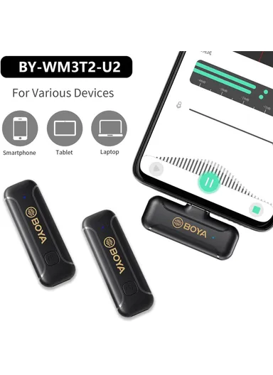 Wireless Lavalier Mic 2 Transmitter + Receiver For Youtube Vlog Live Streaming Omni-Directional Microphone BY-WM3T2-U2