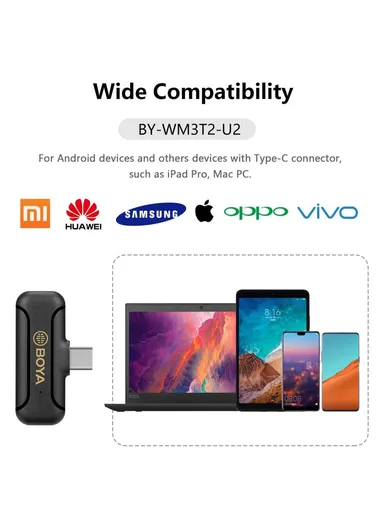 Wireless Lavalier Mic 2 Transmitter + Receiver For Youtube Vlog Live Streaming Omni-Directional Microphone BY-WM3T2-U2