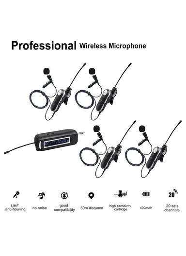 2600mAh Wireless Lavalier Microphone Set With Receiver 1 to 4 UHF FM Portable Condenser Microphone PRO-4CII
