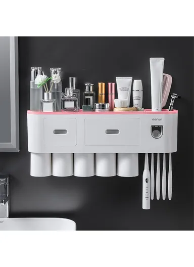 5 Cups Bathroom Wall Mounted Toothbrush Holder With Toothpaste Dispenser, 5 Brush Slot, 2 Drawer (L48.7 x W21.1 x H10)cm - Pink
