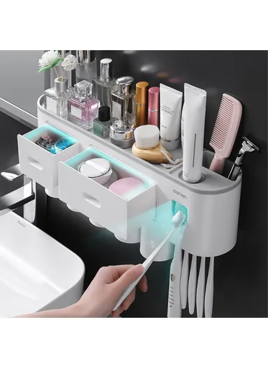 5 Cups Bathroom Wall Mounted Toothbrush Holder With Toothpaste Dispenser, 5 Brush Slot, 2 Drawer (L48.7 x W21.1 x H10)cm - Pink