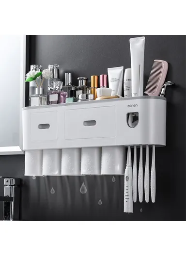 5 Cups Bathroom Wall Mounted Toothbrush Holder With Toothpaste Dispenser, 5 Brush Slot, 2 Drawer (L48.7 x W21.1 x H10)cm - Pink