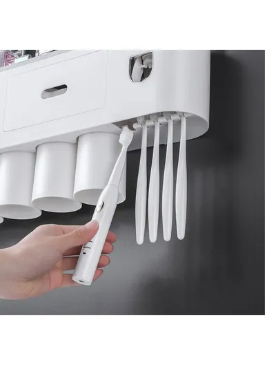 5 Cups Bathroom Wall Mounted Toothbrush Holder With Toothpaste Dispenser, 5 Brush Slot, 2 Drawer (L48.7 x W21.1 x H10)cm - Pink