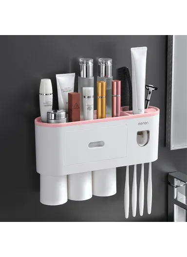 3 Cups Wall Mounted Toothbrush Holder With Toothpaste Dispenser, 4 Brush Slot For Bathrooms (L34.5 x W21.1 x H10)cm - Pink