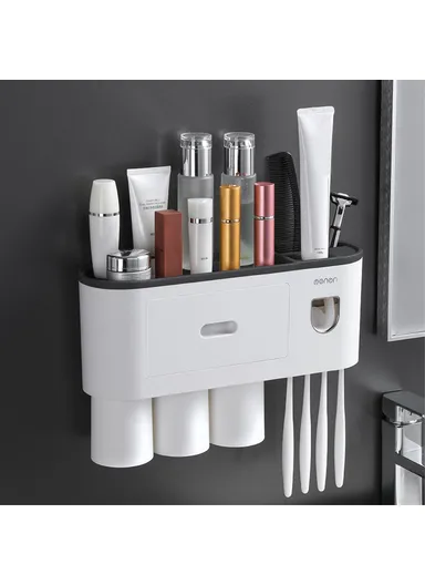 3 Cups Wall Mounted Toothbrush Holder With Toothpaste Dispenser, 4 Brush Slot For Bathrooms (L34.5 x W21.1 x H10)cm - Black