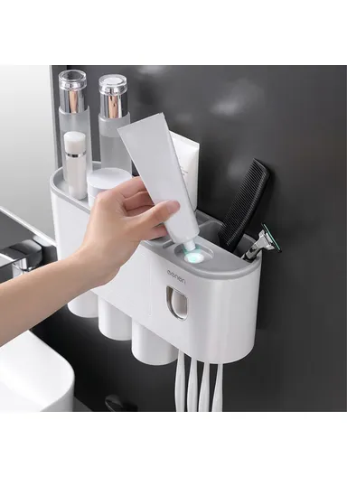 3 Cups Wall Mounted Toothbrush Holder With Toothpaste Dispenser, 4 Brush Slot For Bathrooms (L34.5 x W21.1 x H10)cm - Black