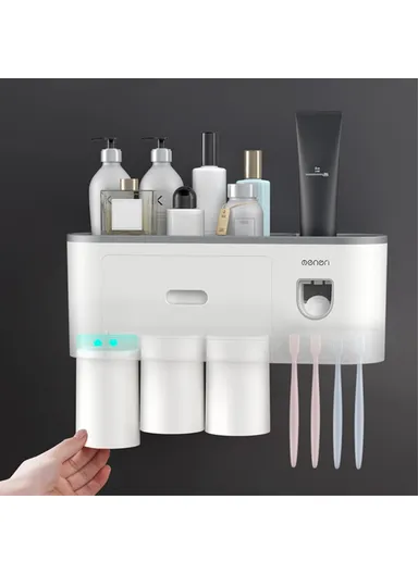 3 Cups Wall Mounted Toothbrush Holder With Toothpaste Dispenser, 4 Brush Slot For Bathrooms (L34.5 x W21.1 x H10)cm - Black