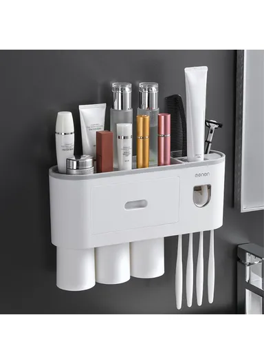 3 Cups Wall Mounted Toothbrush Holder With Toothpaste Dispenser, 4 Brush Slot For Bathrooms (L34.5 x W211 x H10)cm - Grey