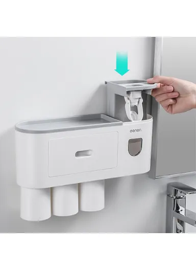 3 Cups Wall Mounted Toothbrush Holder With Toothpaste Dispenser, 4 Brush Slot For Bathrooms (L34.5 x W211 x H10)cm - Grey