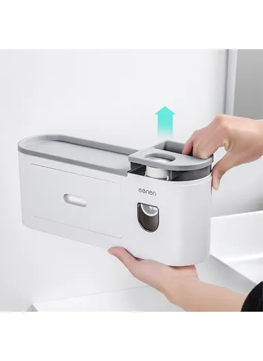 3 Cups Wall Mounted Toothbrush Holder With Toothpaste Dispenser, 4 Brush Slot For Bathrooms (L34.5 x W211 x H10)cm - Grey