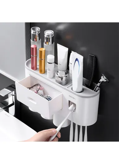 3 Cups Wall Mounted Toothbrush Holder With Toothpaste Dispenser, 4 Brush Slot For Bathrooms (L34.5 x W211 x H10)cm - Grey