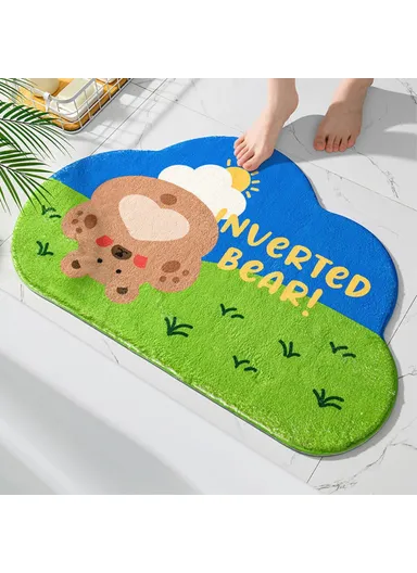 50x80cm Furry Bathroom Rug Non-slip Floor Carpet Water Absorbent Bath Mat - Inverted Bear