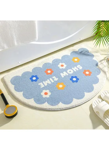 40x60cm Semicircle Bath Mat Furry Bathroom Rug Water Absorbent Floor Carpet - Blue Flower 