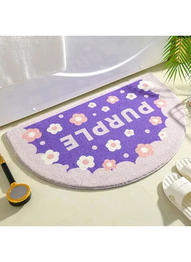 40x60cm Semicircle Bath Mat Furry Bathroom Rug Water Absorbent Floor Carpet - Purple Flower 
