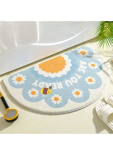 50x80cm Water Absorbent Bath Mat Furry Bathroom Rug Semicircle Floor Carpet - Bee / Blue