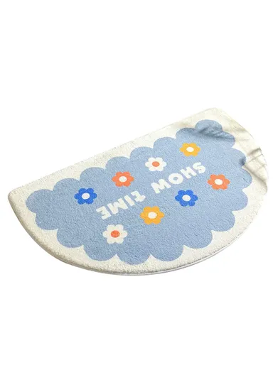 50x80cm Water Absorbent Bath Mat Furry Bathroom Rug Semicircle Floor Carpet - Flower / Blue