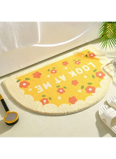 50x80cm Water Absorbent Bath Mat Furry Bathroom Rug Semicircle Floor Carpet - Flower / Yellow