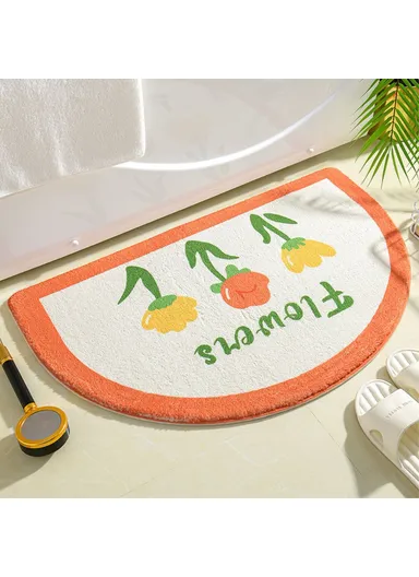 50x80cm Water Absorbent Bath Mat Furry Bathroom Rug Semicircle Floor Carpet - Orange+Yellow Flower