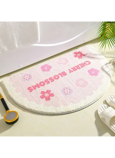 50x80cm Water Absorbent Bath Mat Furry Bathroom Rug Semicircle Floor Carpet - Cherry Blossom / Pink