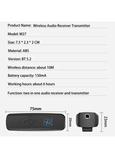 2-in-1 Car Wireless Audio Adapter Bluetooth 5.2 Transmitter Receiver with 3.5mm Audio Cable for TV Computer Speaker M27