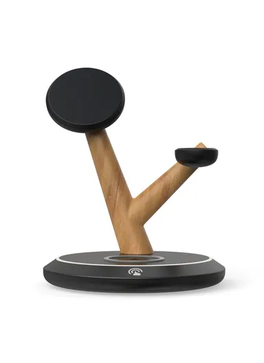 15W 3-in-1 Tree Branch Design Magnetic Wireless Charger, For iWatch, AirPods &amp; Cellphone PC+ABS Desktop Charging Stand TH02 - Black / Wood Color