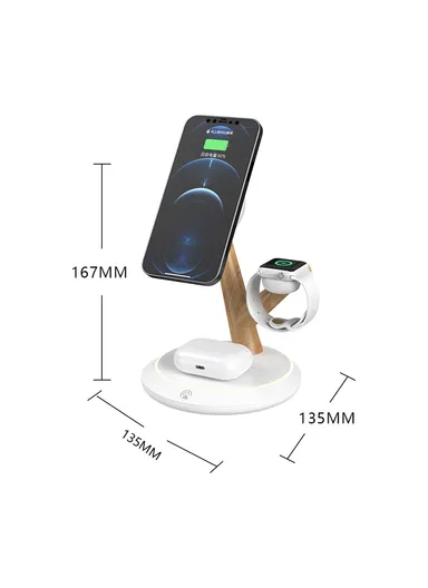15W 3-in-1 Tree Branch Design Magnetic Wireless Charger, For iWatch, AirPods &amp; Cellphone PC+ABS Desktop Charging Stand TH02 - Black / Wood Color