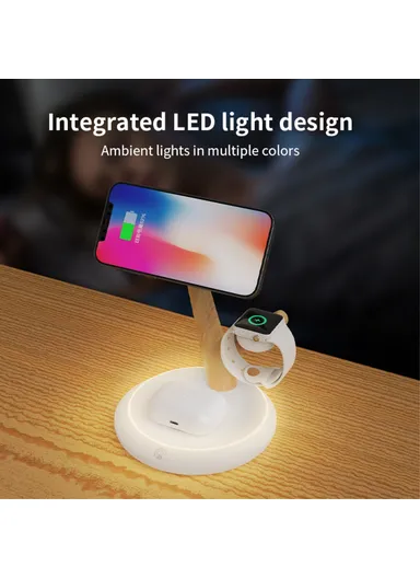 15W 3-in-1 Tree Branch Design Magnetic Wireless Charger, For iWatch, AirPods &amp; Cellphone PC+ABS Desktop Charging Stand TH02 - Black / Wood Color