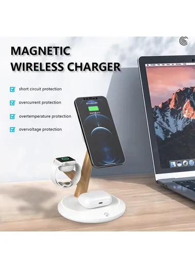 15W 3-in-1 Tree Branch Design Magnetic Wireless Charger, For iWatch, AirPods &amp; Cellphone PC+ABS Desktop Charging Stand TH02 - Black / Wood Color