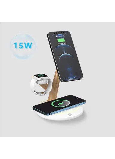 15W 3-in-1 Tree Branch Design Magnetic Wireless Charger, For iWatch, AirPods &amp; Cellphone PC+ABS Desktop Charging Stand TH02 - Black / Wood Color