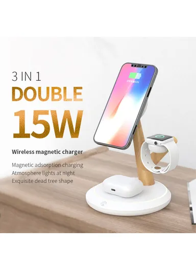 15W 3-in-1 Tree Branch Design Magnetic Wireless Charger, For iWatch, AirPods &amp; Cellphone PC+ABS Desktop Charging Stand TH02 - Black / Wood Color