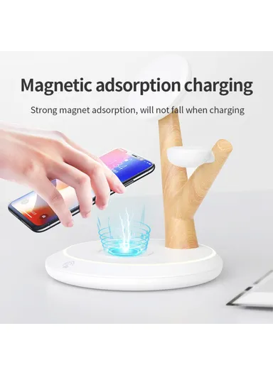 15W 3-in-1 Tree Branch Design Magnetic Wireless Charger, For iWatch, AirPods &amp; Cellphone PC+ABS Desktop Charging Stand TH02 - Black / Wood Color