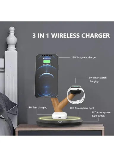 15W 3-in-1 Tree Branch Design Magnetic Wireless Charger, For iWatch, AirPods &amp; Cellphone PC+ABS Desktop Charging Stand TH02 - Black / Wood Color