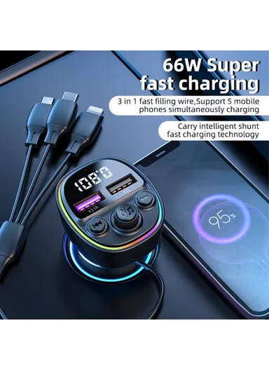 66W 3-In-1 Super Fast Car Charger MP3 Player Bluetooth FM Transmitter Car Charger with 3 Charging Cables CS1