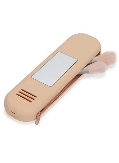 Travel Makeup Brush Holder Mirror Design Portable Silicone Cosmetic Bag Zipper Case Without Lanyard (L21 x W6)cm - Beige