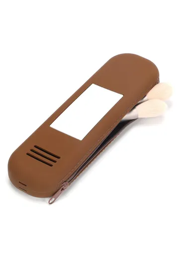 Travel Makeup Brush Holder Mirror Design Portable Silicone Cosmetic Bag Zipper Case Without Lanyard (L21 x W6)cm - Brown