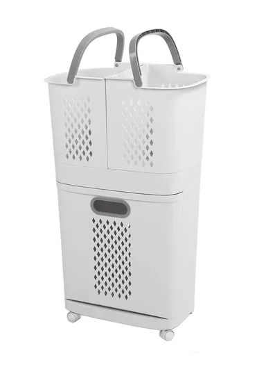 Portable Laundry Basket, Mutlifunctional Dual Layer Standing Cloth Basket with Rolling Wheel F867 (L37-44 x W31 x H74)cm